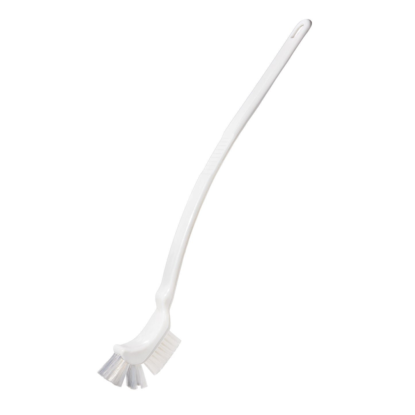 White cleaning brush with a long handle on a white background